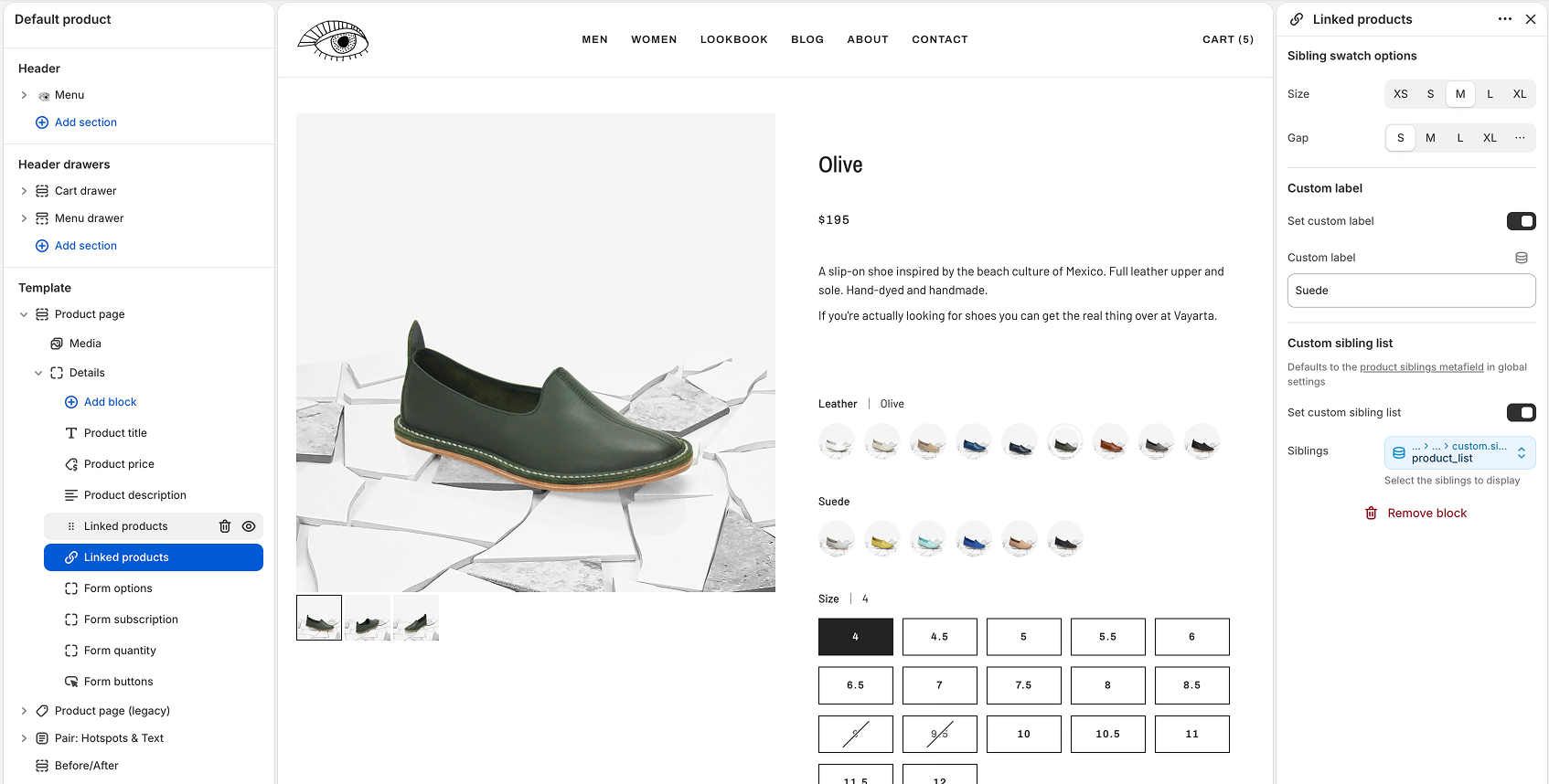 Linked products block settings in the theme editor with Set custom sibling list turned on and a product list selected