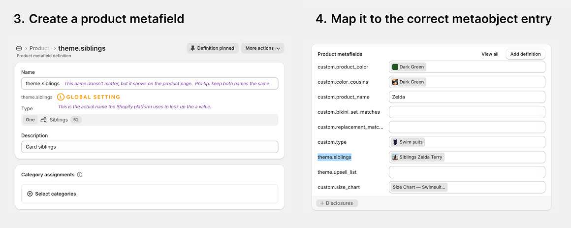 A Shopify product metafield definition named theme.siblings typed as one Siblings metaobject, beside a product's metafield list with theme.siblings set to the Siblings Zelda Terry entry