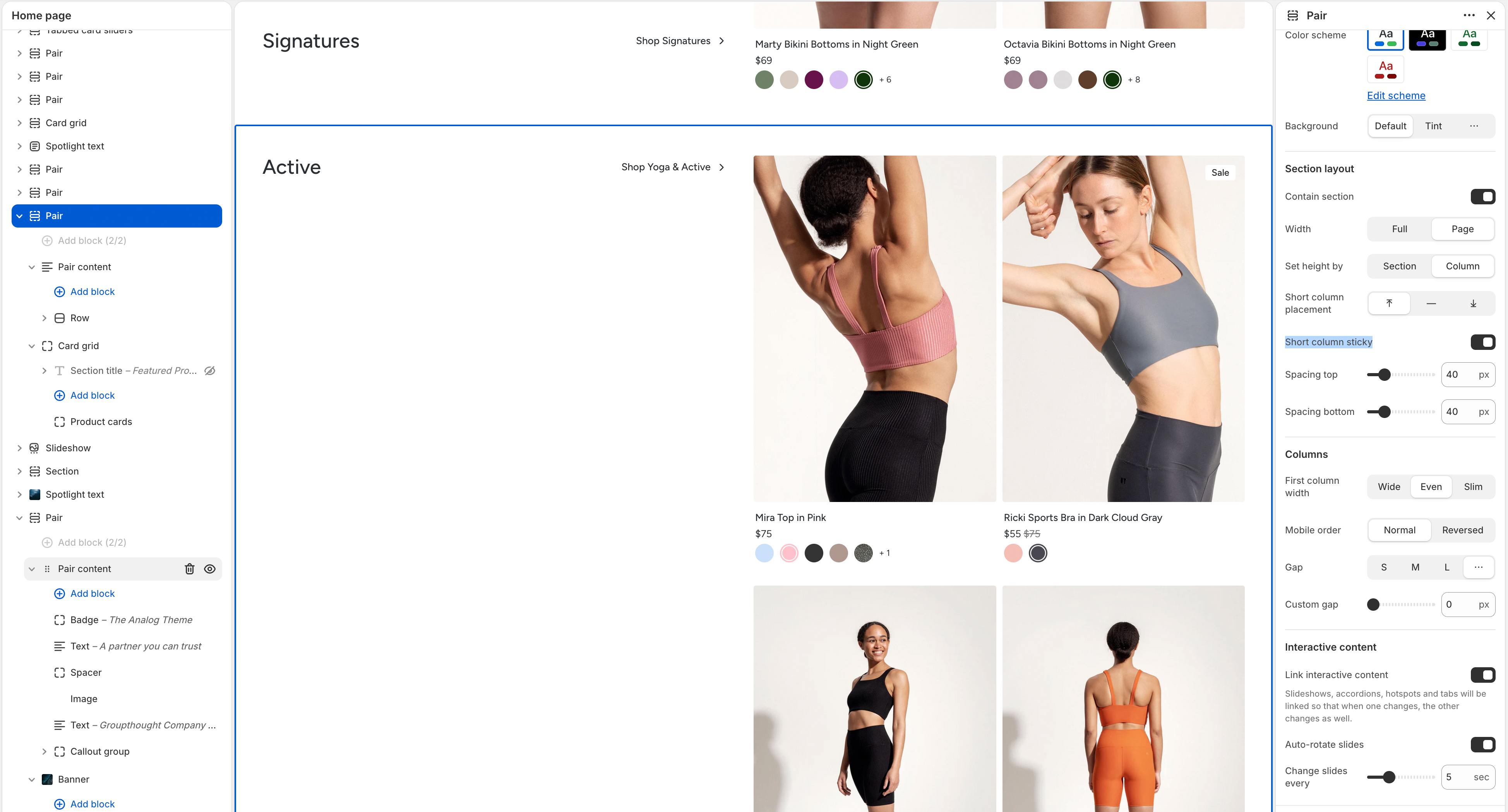 A Pair in Column height mode with a sticky short column beside scrolling content