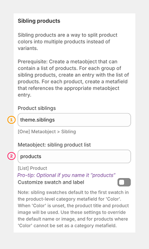 Analog theme settings under Metafields showing Product siblings set to theme.siblings and Metaobject sibling product list set to products