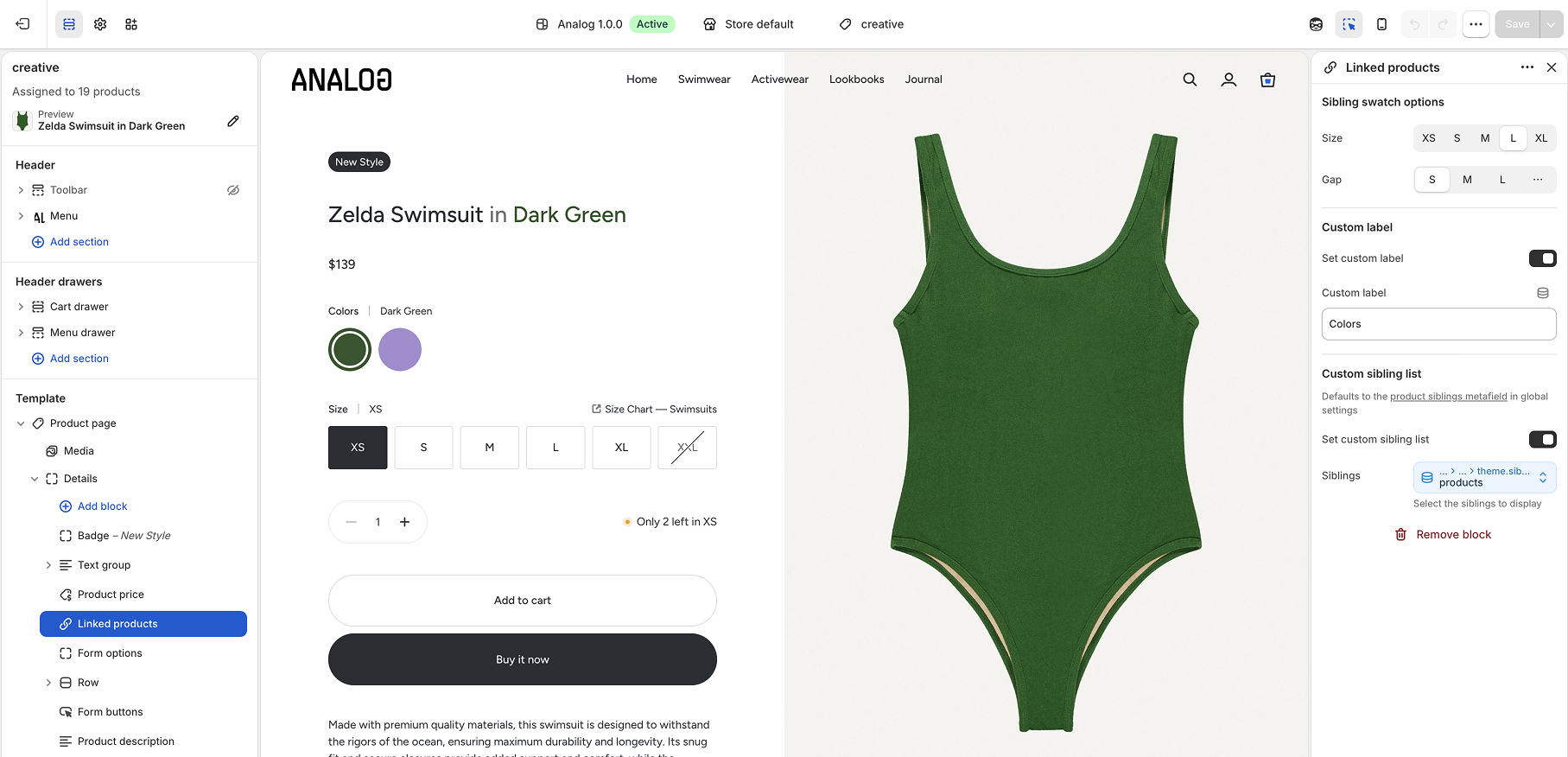 Sibling swatches on a product page linking separate colorway products